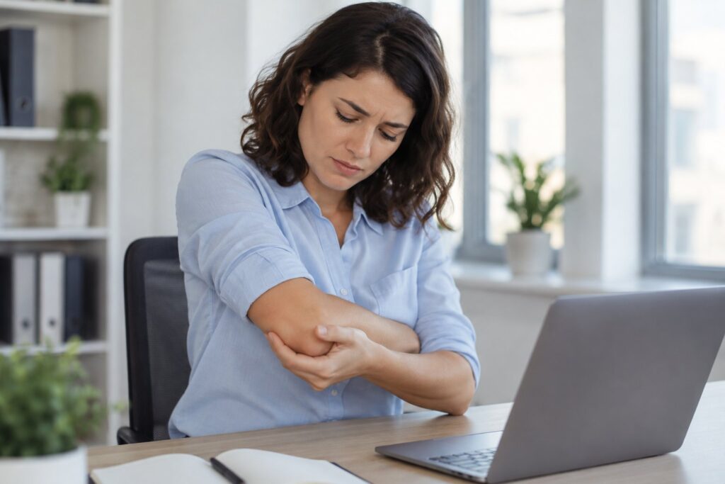 Woman at a desk holding the inner side of her elbow from cubital tunnel syndrome